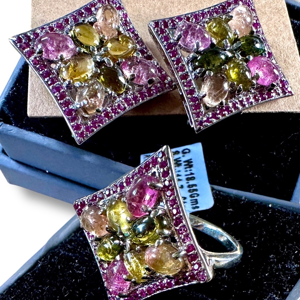 NWT 3pc RUBY & TOURMALINE Sterling Ring & Earring SET - Retails $860! 💎💍💎
